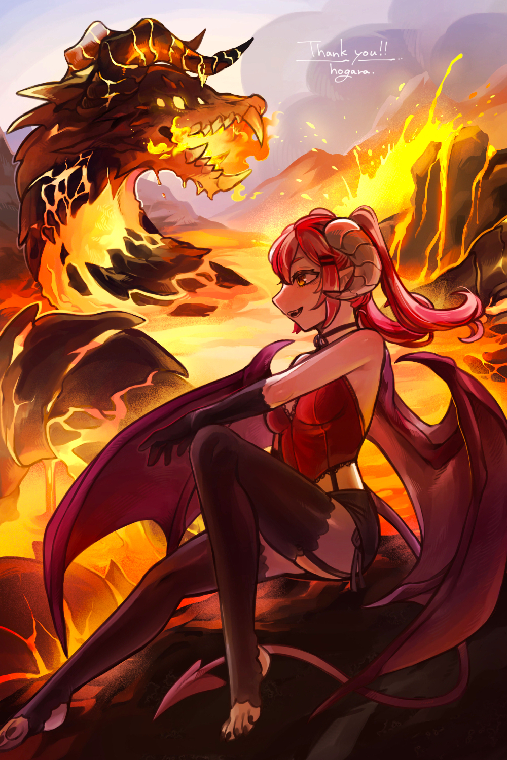 1girl artist_name black_gloves black_nails brown_eyes brown_horns commission curled_horns demon_girl demon_horns demon_tail demon_wings dragon elbow_gloves fangs full_body gloves highres hogara holster horns knee_up leotard long_hair looking_to_the_side molten_rock open_mouth orange_background original outdoors pink_hair pointy_ears red_leotard red_wings short_shorts shorts sidelocks sitting skeb_commission solo tail thigh_holster thighhighs toeless_legwear twintails wings
