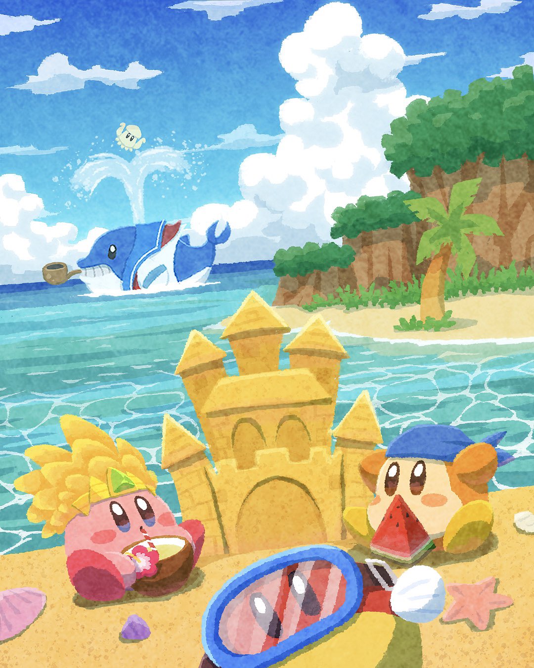 arms_up bandana bandana_waddle_dee beach blipper blowhole blue_bandana blue_eyes blue_sailor_collar blue_sky blush brown_eyes cloud cloudy_sky coconut coconut_cup commentary copy_ability crown day diving_mask drink drinking_straw english_commentary fatty_whale flower food fruit goggles grin highres horizon kirby kirby_(series) light_blush looking_at_viewer miclot neckerchief no_humans ocean on_ground outdoors palm_tree red_flower red_neckerchief sailor_collar sand sand_castle sand_kirby sand_sculpture scenery seashell shell sitting sky smile smoking_pipe squishy_(kirby) starfish teeth tree water watermelon watermelon_slice whale