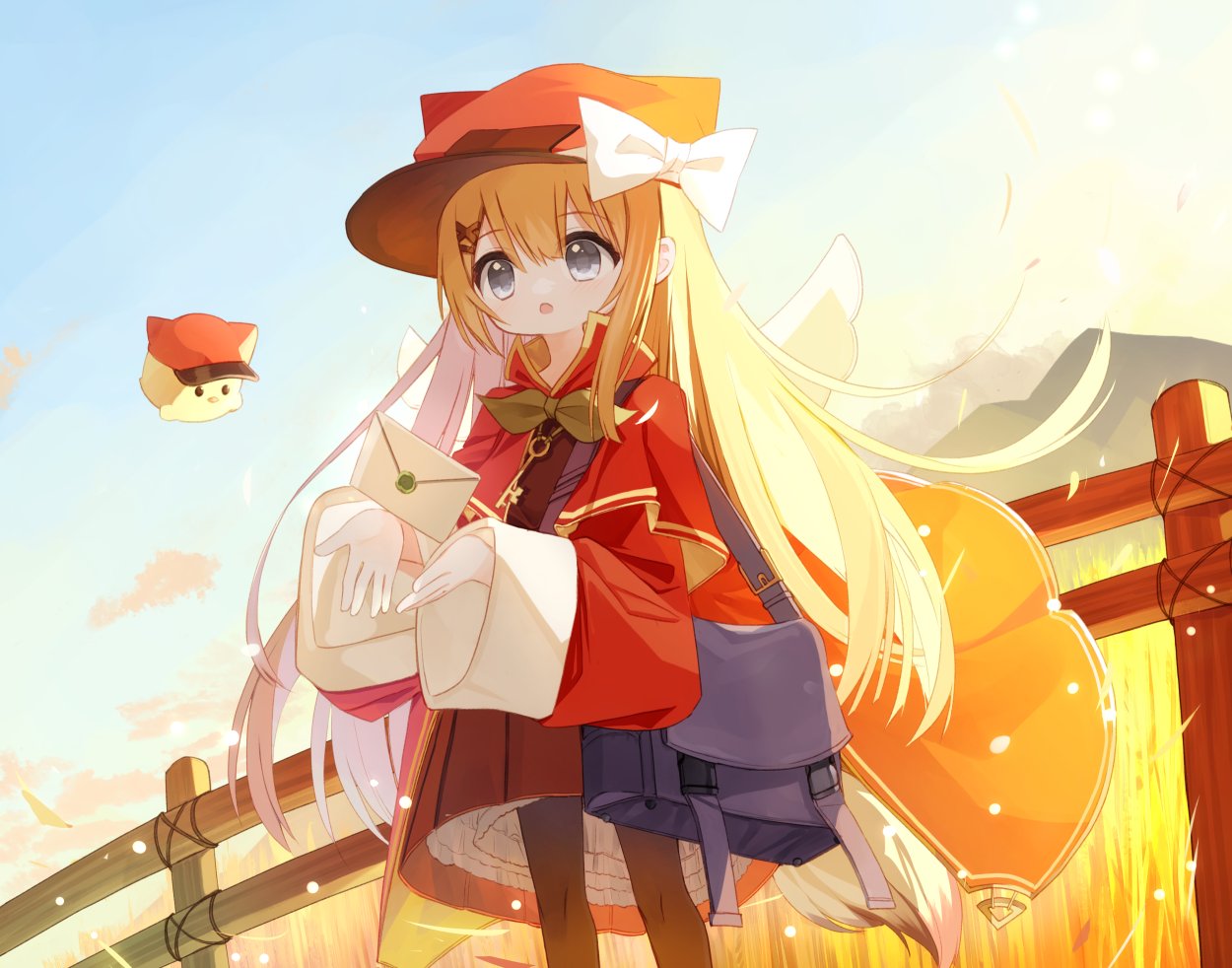 1girl animal animal_ears animal_hat bag bird black_pantyhose blonde_hair bow brown_skirt cabbie_hat commentary_request envelope fake_animal_ears feet_out_of_frame fence grey_eyes hair_between_eyes hair_ornament hairclip hat hat_bow jacket long_hair long_sleeves pantyhose pleated_skirt red_headwear red_jacket shoulder_bag skirt sleeves_past_wrists solo standing tail very_long_hair wheat_field white_bow wide_sleeves x_hair_ornament yuuhagi_(amaretto-no-natsu)