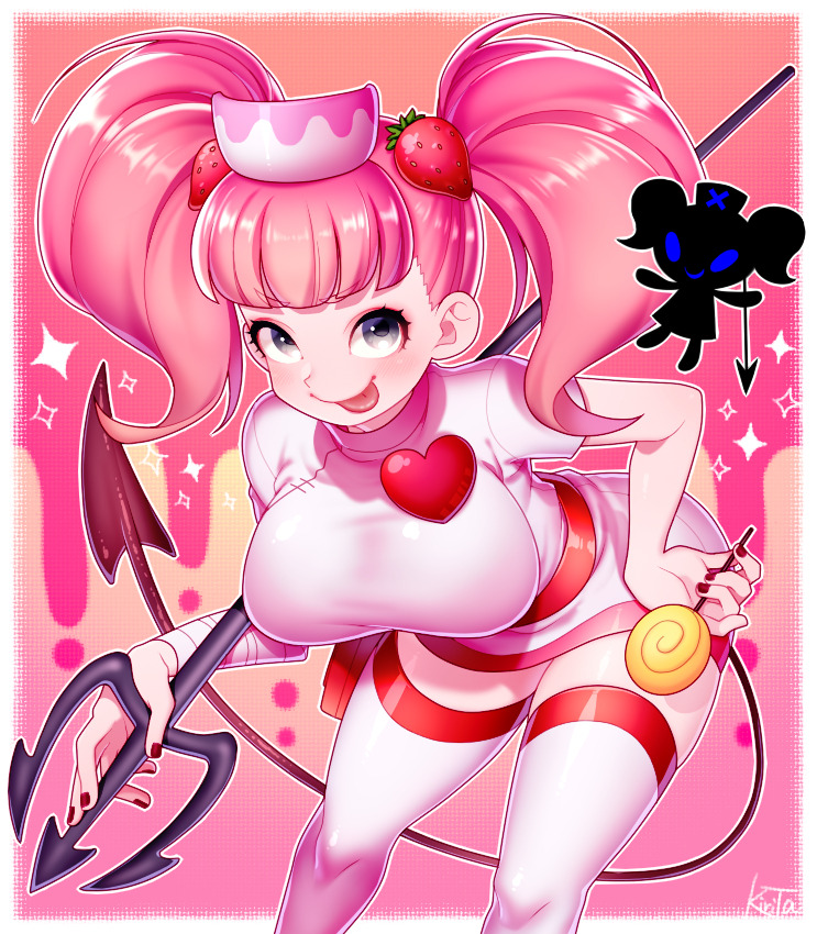 1girl blunt_bangs blush border braid breasts candy demon_tail dress eyelashes eyeshadow food food-themed_hair_ornament grey_eyes hair_ornament hat heart holding holding_candy holding_food holding_lollipop holding_trident huge_breasts kiri_futoshi lollipop makeup milk_(pop'n_music) nurse nurse_cap pink_dress pink_eyeshadow pink_hair polearm pop'n_music red_nails signature solo sparkle strawberry_hair_ornament tail thighhighs tongue tongue_out trident twin_braids weapon white_border white_thighhighs