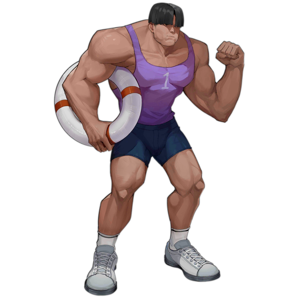 1boy black_hair blue_shorts dark_skin girls'_frontline gladiator_(girls'_frontline) holding muscular official_alternate_costume official_art purple_tank_top shoes shorts simple_background sneakers socks solo tank_top third-party_source white_socks