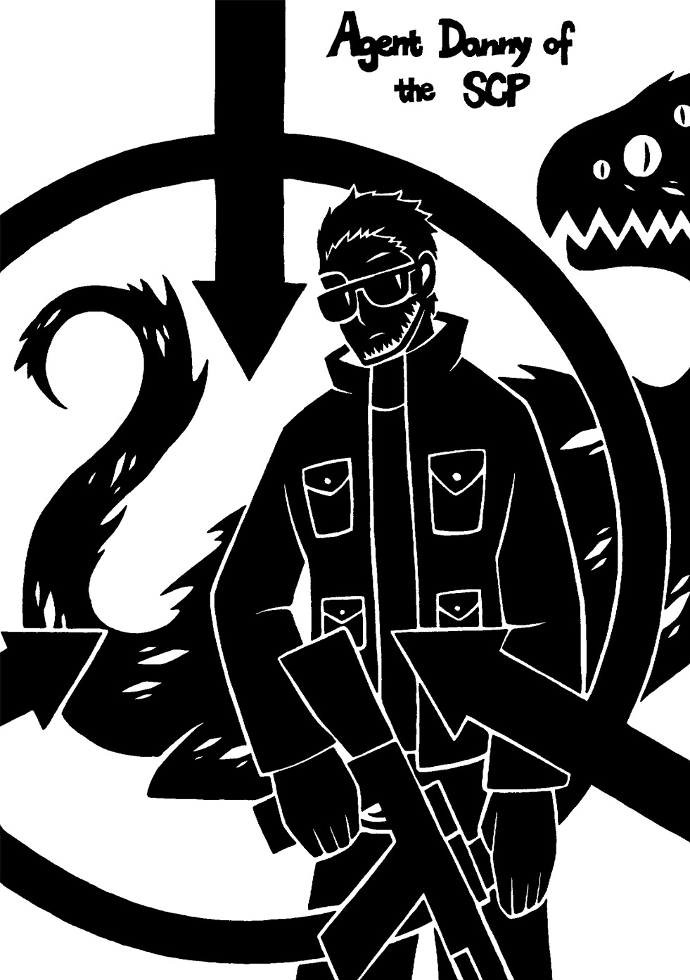 2015 5_fingers ambiguous_gender biped black_and_white black_text clothing danny_bonaduce digital_drawing_(artwork) digital_media_(artwork) directional_arrow duo english_text eyebrows eyewear feral fingers gun hair hi_res holding_gun holding_object holding_rifle holding_weapon human human_focus jacket logo long_tail male mammal monochrome monster multi_eye not_furry_focus pockets pupils quadruped ranged_weapon reptile restricted_palette rifle scalie scp-1257 scp-682 scp_foundation sharp_teeth simple_background slit_pupils standing stubble sunglasses sunnyclockwork tail teeth text topwear weapon white_background