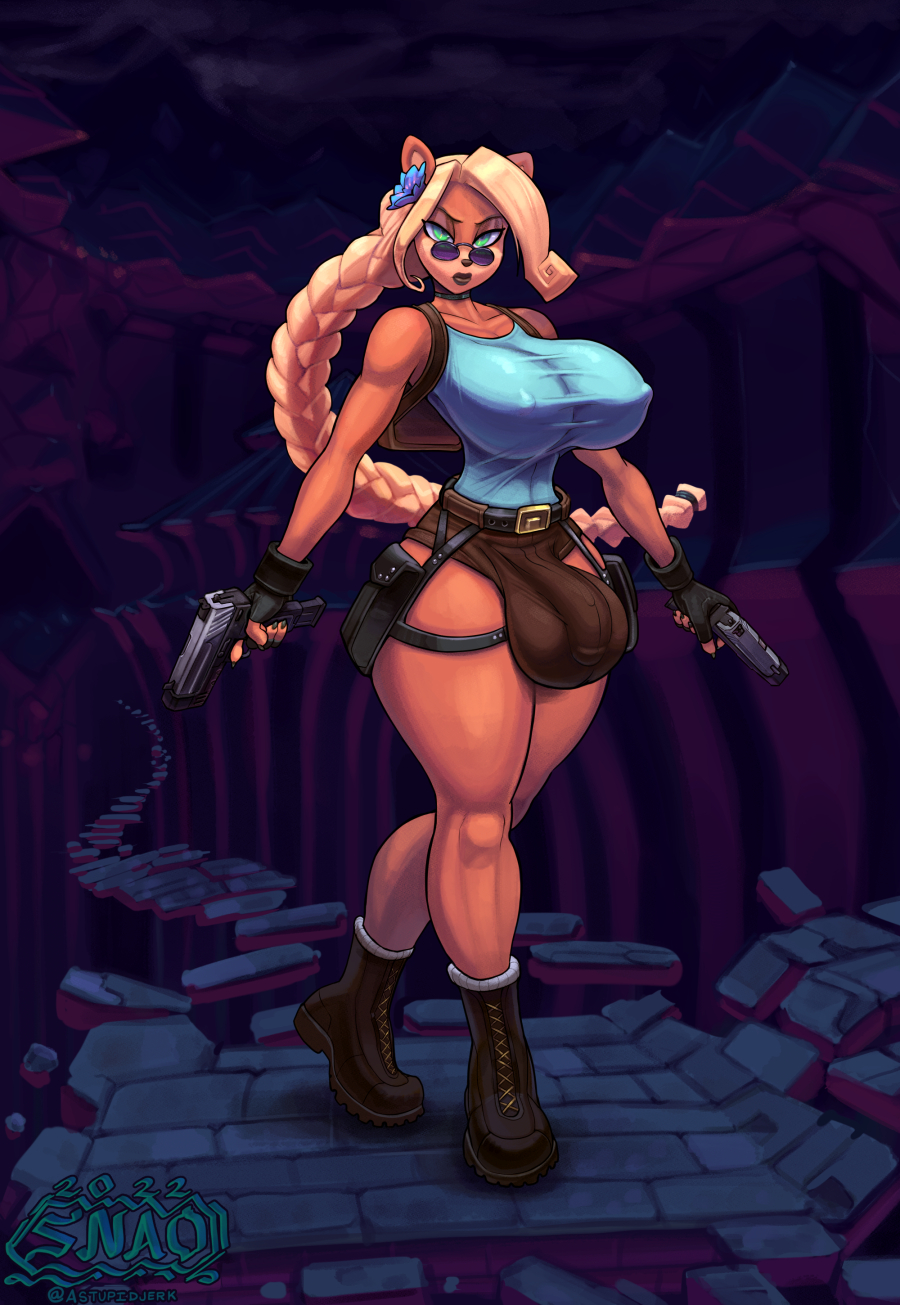 2022 accessory activision anthro artist_name balls bandicoot big_breasts blonde_hair boots bottomwear braided_hair breasts brown_body bulge clothed clothing coco_bandicoot cosplay crash_bandicoot_(series) crossover crossover_cosplay dated detailed_bulge eyebrows eyewear fingerless_gloves fingers flower flower_in_hair footwear full-length_portrait genitals gloves green_eyes gun gynomorph hair hair_accessory halloween halloween_2022 handgun handwear hi_res holidays hotpants huge_breasts intersex lara_croft long_hair looking_at_viewer mammal marsupial multicolored_body nipple_outline penis plant portrait ranged_weapon shorts skimpy small_waist snao solo standing sunglasses thick_thighs tomb_raider topwear two_tone_body weapon