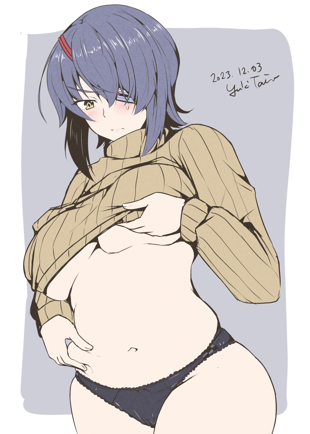 1girl alternate_costume belly belly_grab black_panties breasts brown_sweater cowboy_shot dated eyepatch highres kantai_collection large_breasts panties pinching purple_background purple_hair ribbed_sweater short_hair signature solo sweater taira_yuuki tenryuu_(kancolle) two-tone_background underboob underwear weight_conscious yellow_eyes