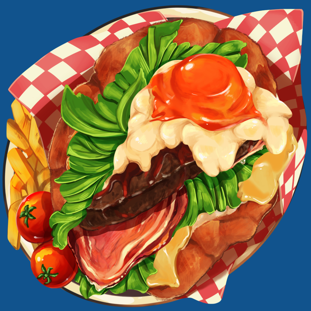 blue_background burger egg_(food) food food_focus french_fries haruka_(pixiv_5761359) lettuce meat no_humans original plate simple_background still_life tomato