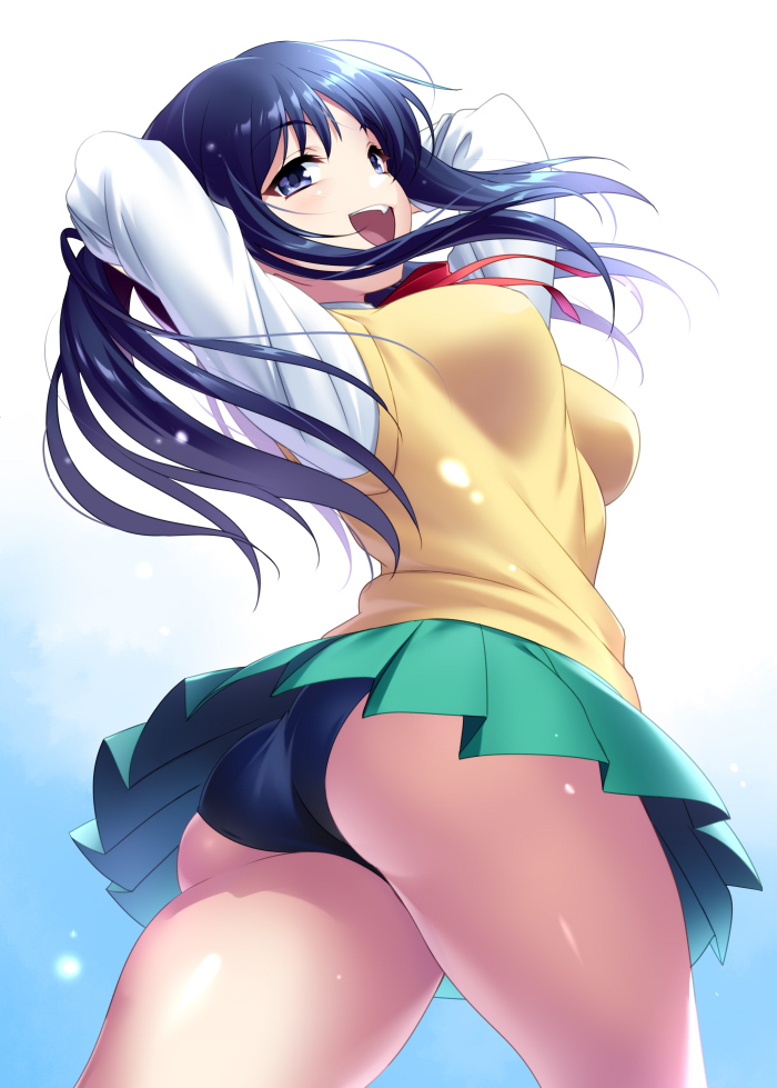 1girl :d arms_behind_head arms_up ass black_panties blue_eyes blue_hair breasts commentary_request cowboy_shot curvy eyelashes fang floating_hair from_below green_skirt hair_between_eyes head_tilt impossible_clothes kurusugawa_ayaka large_breasts light_blush long_hair long_sleeves looking_at_viewer looking_down miniskirt open_mouth panties pantyshot pleated_skirt red_ribbon ribbon shiny_skin shirt simple_background skirt smile solo standing straight_hair sweater_vest teeth thighs to_heart to_heart_(series) underwear upper_teeth_only white_background white_shirt yellow_sweater_vest zen_(kamuro)