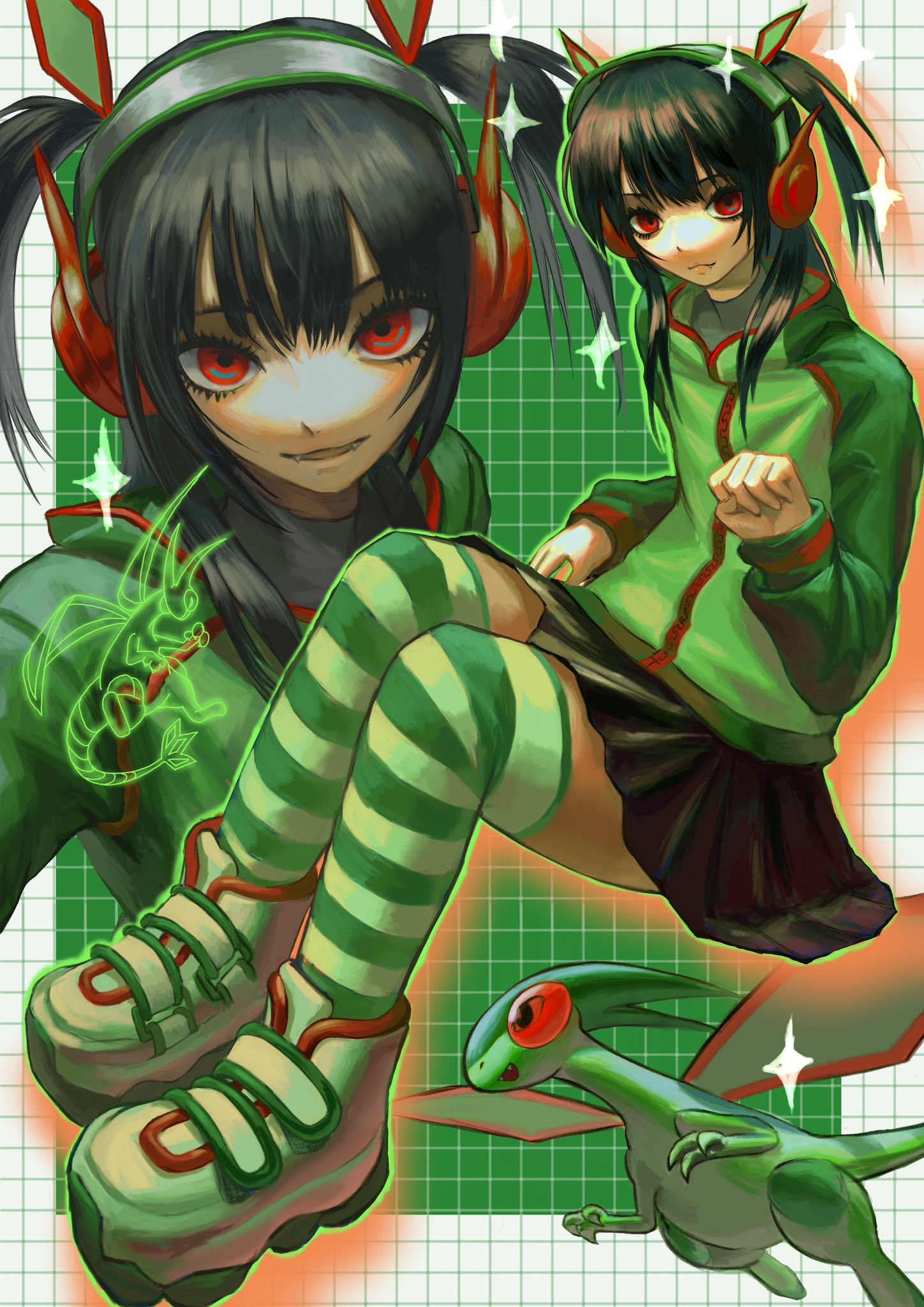 1girl :d black_hair black_skirt boots cardigan claws clenched_hand closed_mouth colored_skin creature dragon fangs floating flygon flying full_body gradient_outline green_background green_cardigan green_footwear green_outline green_skin green_sweater green_thighhighs green_wings headphones highres knees_up llchimera long_hair long_sleeves looking_at_viewer makeup mascara multiple_views open_mouth original outline paw_pose pleated_skirt pokemon pokemon_(creature) red_eyes red_outline sitting skirt smile striped striped_thighhighs sweater thighhighs tile_background two-tone_background two_side_up white_background wings zettai_ryouiki zipper