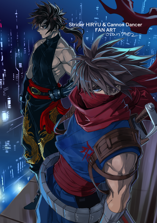 2boys arm_guards bandaged_arm bandages blue_eyes border brown_hair cannon_dancer closed_mouth copyright_name covered_mouth creator_connection crossover dragon_print hand_on_own_hip indesign kirin_(cannon_dancer) long_hair male_focus manly multiple_boys muscular muscular_male ninja outdoors ponytail red_eyes red_scarf sash scarf serious short_hair spiked_hair standing strider_(video_game) strider_hiryuu white_border