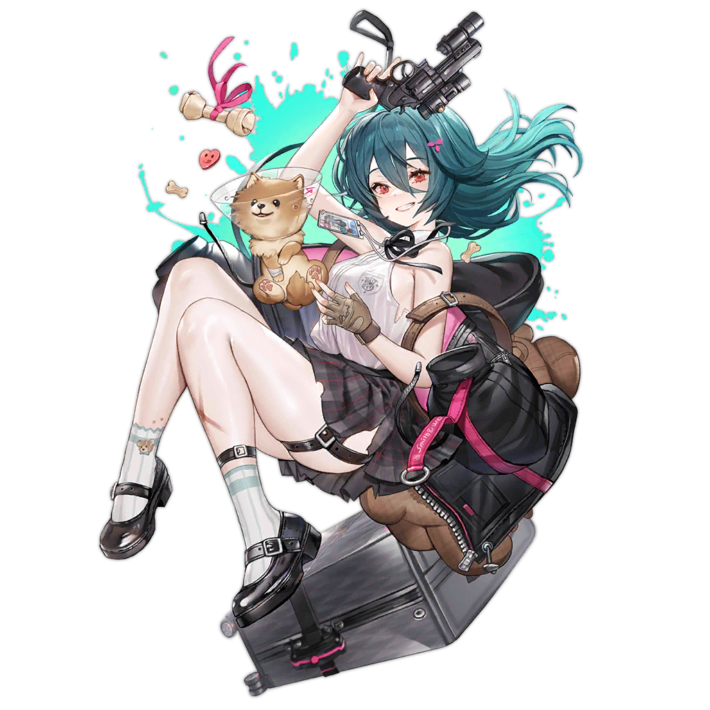 1girl animal aqua_hair black_footwear black_jacket black_ribbon black_skirt brown_gloves bruise dog dog_treat falling fingerless_gloves full_body girls'_frontline gloves grin gun hair_between_eyes hair_ornament hairclip hand_up heart holding holding_gun holding_weapon id_card injury jacket jacket_removed lanyard leash long_hair long_sleeves looking_at_viewer m327_(girls'_frontline) mary_janes neck_ribbon official_art pet pet_cone plaid plaid_skirt pleated_skirt pomeranian_(dog) popped_button red_eyes revolver ribbon rolling_suitcase scope shirt shoes simple_background skirt sleeveless sleeveless_shirt smile smith_&amp;_wesson_m327 socks solo splatter_background stuffed_animal stuffed_toy suitcase teddy_bear thigh_strap third-party_source transparent_background trigger_discipline weapon white_shirt white_socks whoisshe zipper