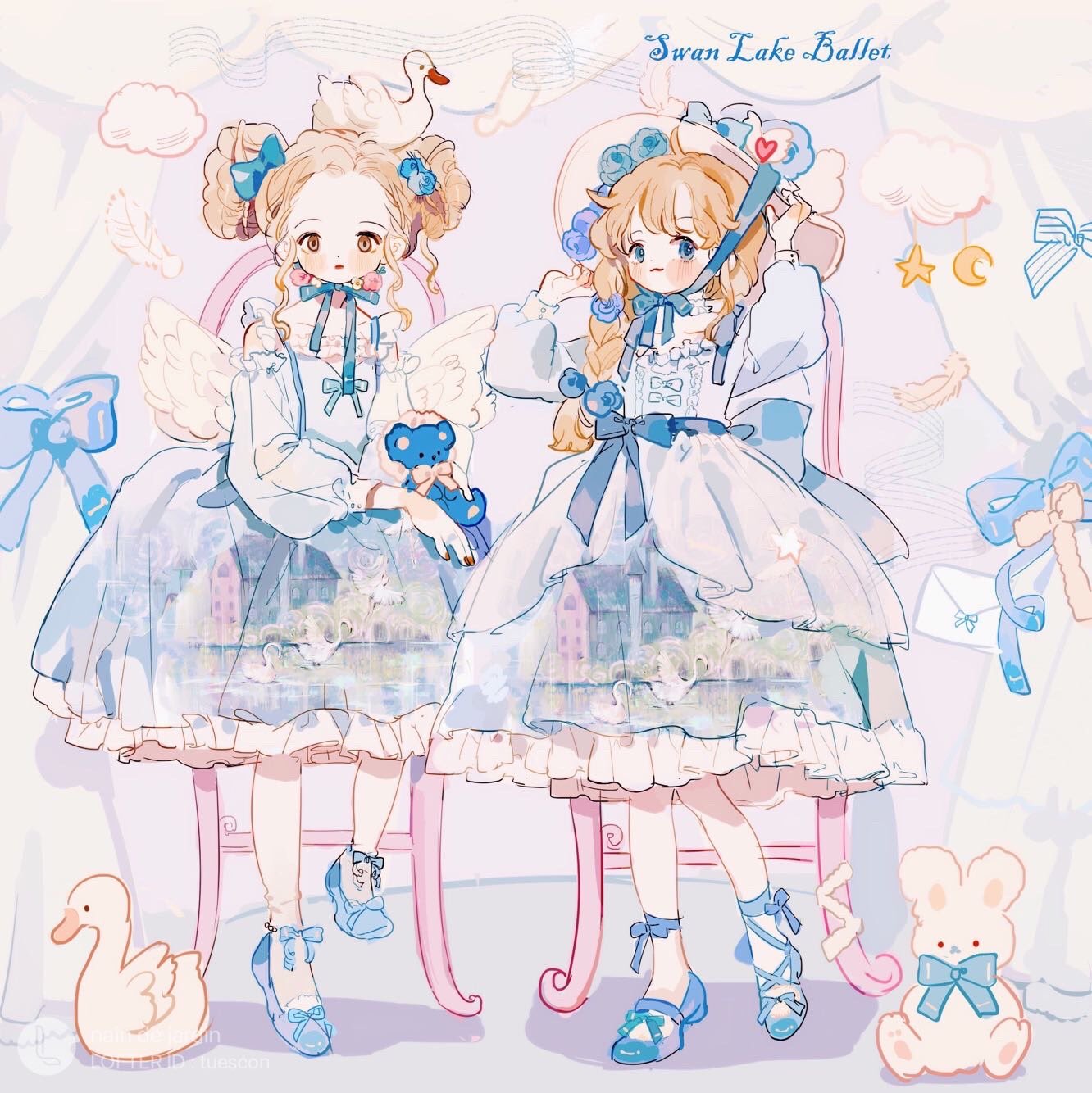 2girls :3 animal_on_head back_bow ballet_slippers bird bird_on_head bird_wings blonde_hair blue_background blue_bow blue_bowtie blue_dress blue_eyes blue_flower blue_footwear blue_ribbon blue_rose blush_stickers bow bow_button bow_legwear bowtie braid center_frills chair closed_mouth cloud collarbone commentary crescent curtains double_bun dress earrings english_commentary english_text feathered_wings feathers flower flower_earrings footwear_bow frilled_dress frills frown full_body hair_bow hair_bun hair_flower hair_ornament hair_over_shoulder hands_on_headwear hat hat_bow hat_flower heart heart_hair_ornament high_heels highres holding holding_stuffed_toy jewelry layered_dress leg_ribbon lolita_fashion long_hair long_sleeves looking_at_viewer medium_dress multiple_girls musical_note nail_polish on_head original pantyhose pink_flower pink_rose puffy_long_sleeves puffy_sleeves pumps putong_xiao_gou red_lips red_nails ribbon rose shadow single_braid sitting smile stage standing star_(symbol) stuffed_animal stuffed_rabbit stuffed_toy sun_hat swan swan_lake swan_print teddy_bear wavy_hair white_bow white_dress white_headwear white_pantyhose white_wings winged_heart wings yellow_bow yellow_bowtie