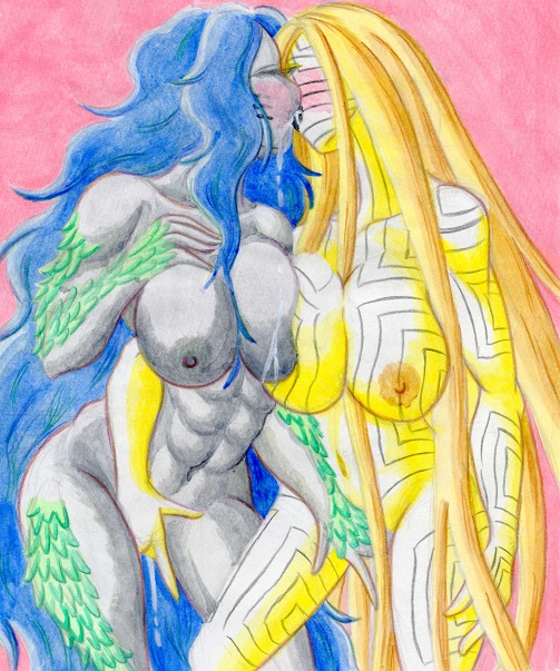 1_eye abs animal_humanoid areola asherah atlus big_breasts blonde_hair blue_hair blush bodily_fluids breasts brown_areola brown_nipples cyclops deity dripping duo eyelashes eyes_closed female female/female fingering fish fish_humanoid genital_fluids green_body green_scales grey_areola grey_body grey_nipples grey_scales hair huge_breasts humanoid kissing marine marine_humanoid megami_tensei navel nipples nude pink_background pussy_juice saliva saliva_drip scales sedna_(megami_tensei) sega simple_background thick_thighs traditional_media_(artwork) u_su1 white_body wide_hips