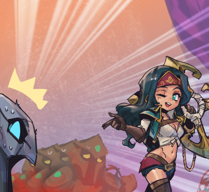 1boy 1girl 4others ;d ^^^ ambiguous_gender azir belt black_hair boomerang breasts brown_gloves cleavage gloves gradient_background green_eyes green_jacket helmet holding holding_weapon jacket large_breasts league_of_legends long_hair multiple_others navel one_eye_closed open_clothes open_jacket phantom_ix_row shorts sivir smile sweat teeth thighhighs upper_teeth_only weapon