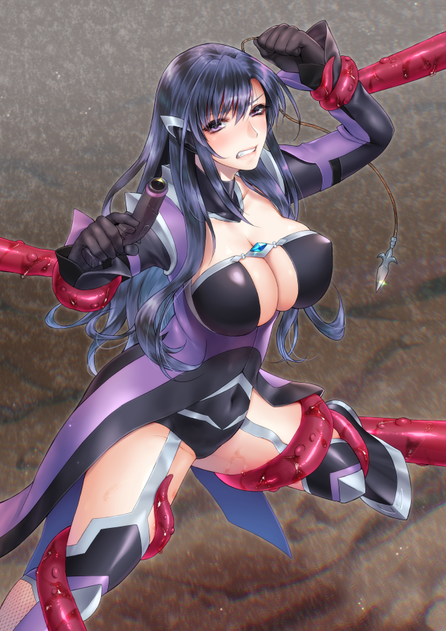 1girl breasts dress gun holding holding_gun holding_weapon karasuma_nishiki mama_wa_taimanin ninja purple_dress purple_eyes purple_hair restrained sugita_karin taimanin_(series) tentacles weapon