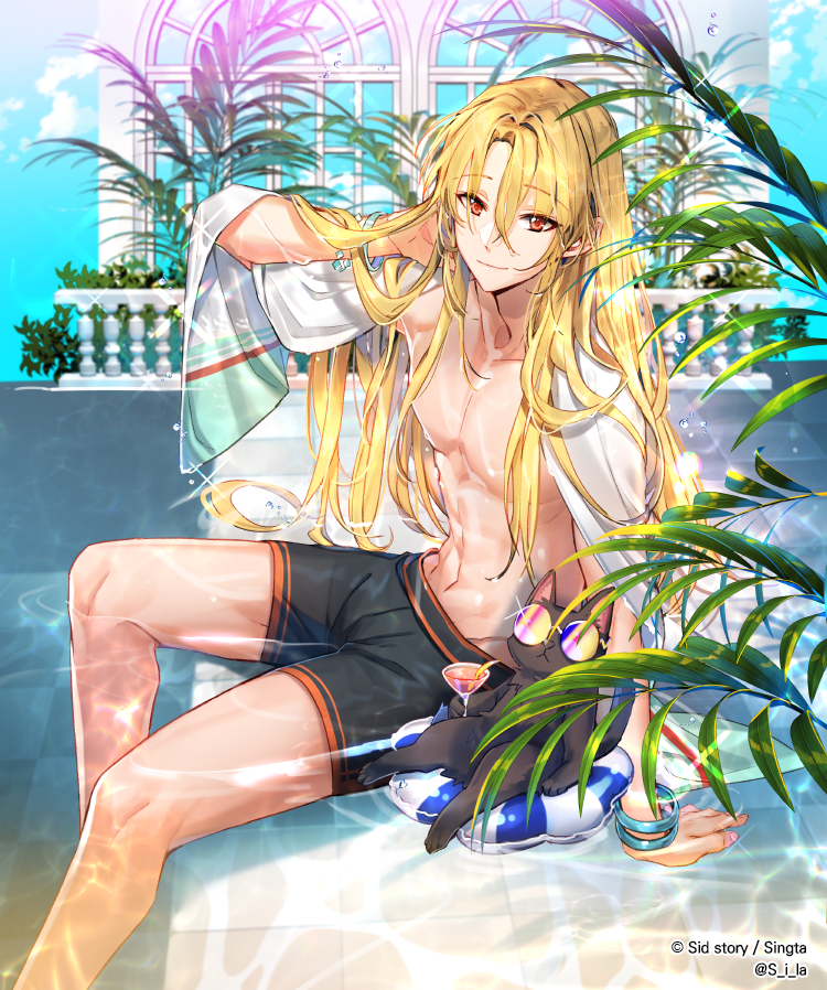 1boy arm_support black_cat blonde_hair bracelet cat caustics closed_mouth copyright day dorian_(sid_story) feet_out_of_frame hair_between_eyes hand_in_own_hair hand_up innertube jewelry long_hair looking_at_viewer male_focus male_swimwear official_art partially_submerged plant pool railing red_eyes sid_story sila_(carpen) sitting smile solo swim_trunks toned toned_male topless_male towel towel_around_neck water wet window
