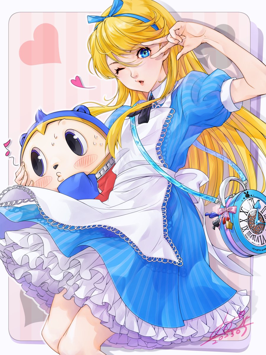1boy alice_(alice_in_wonderland) alice_(alice_in_wonderland)_(cosplay) alice_in_wonderland apron arm_up bag black_ribbon blonde_hair blue_dress blue_hairband border character_doll collared_dress cosplay crossdressing dated dress feet_out_of_frame frilled_dress frills hair_between_eyes hairband heart highres holding kuma_(persona_4) long_hair looking_at_viewer musical_note neck_ribbon one_eye_closed open_mouth otoko_no_ko persona persona_4 puffy_short_sleeves puffy_sleeves qoo1234 ribbon short_sleeves shoulder_bag signature spoken_musical_note swept_bangs two-tone_dress w white_apron white_border