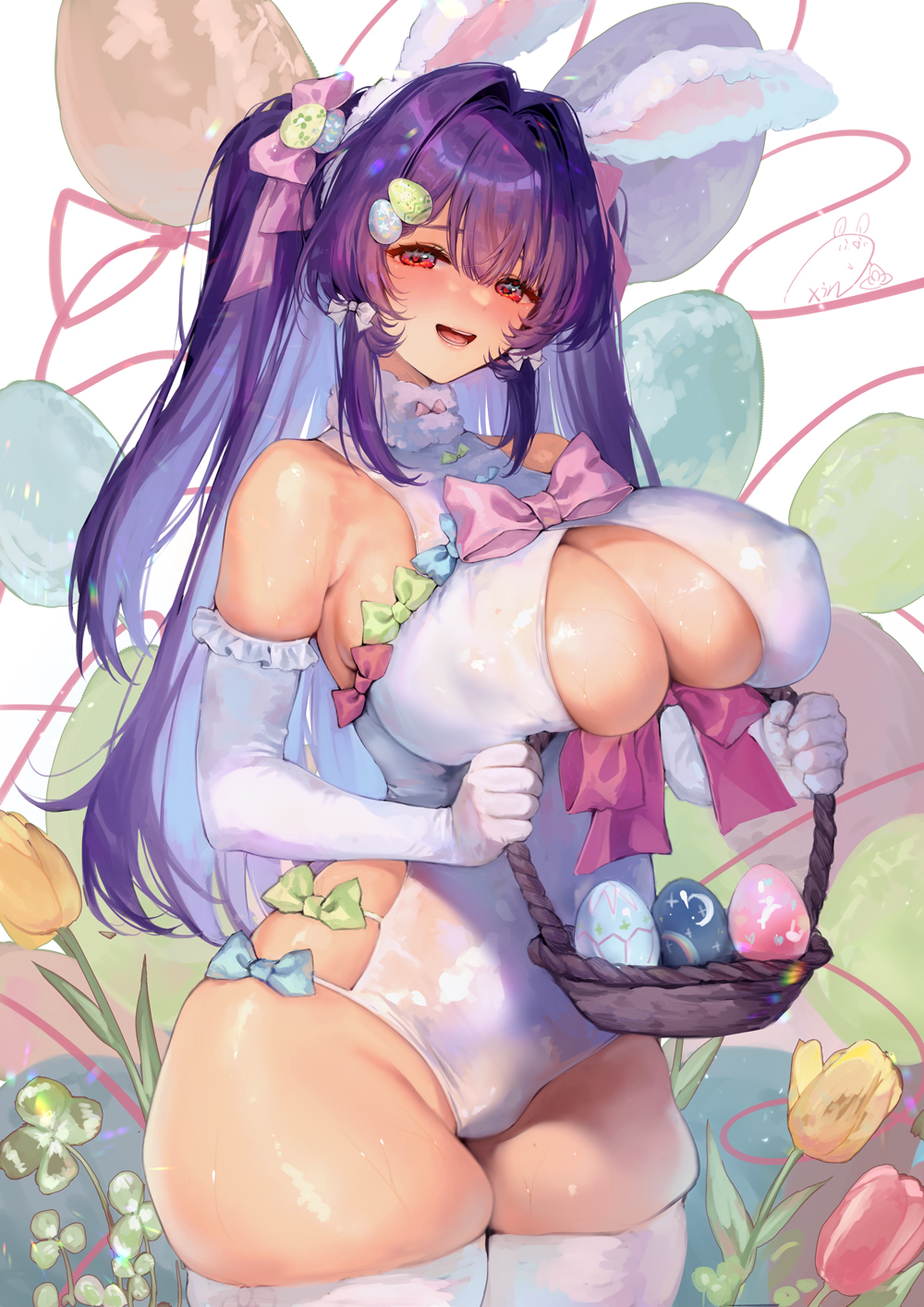 1girl :d animal_ears basket bow breast_press breasts cleavage_cutout clothing_cutout commentary_request covered_nipples easter easter_egg egg elbow_gloves fake_animal_ears fur_collar gloves hair_ribbon highleg highleg_leotard highres holding holding_basket huge_breasts leotard long_hair looking_at_viewer obiwan original pink_bow pink_ribbon purple_hair rabbit_ears red_eyes ribbon signature simple_background skindentation smile solo thighhighs twintails weisuoxin white_gloves white_leotard white_thighhighs