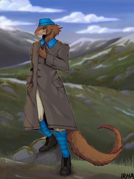 5_fingers anthro boots bottomwear boulder brown_body brown_fur brown_skin clothed clothing cloud cloudscape coat colored da'kar fingers footwear fully_clothed fur furred_reptilian gaiters green_eyes grey_clothing grey_coat grey_topwear hand_in_pocket hand_on_chest hartoakh hat headgear headwear hill irha landscape landscape_background leg_wraps long_coat long_tail male operation_snow_eagle outside pants plantigrade pockets rock scalie shaded shoes sky snout solo standing tail topwear wraps