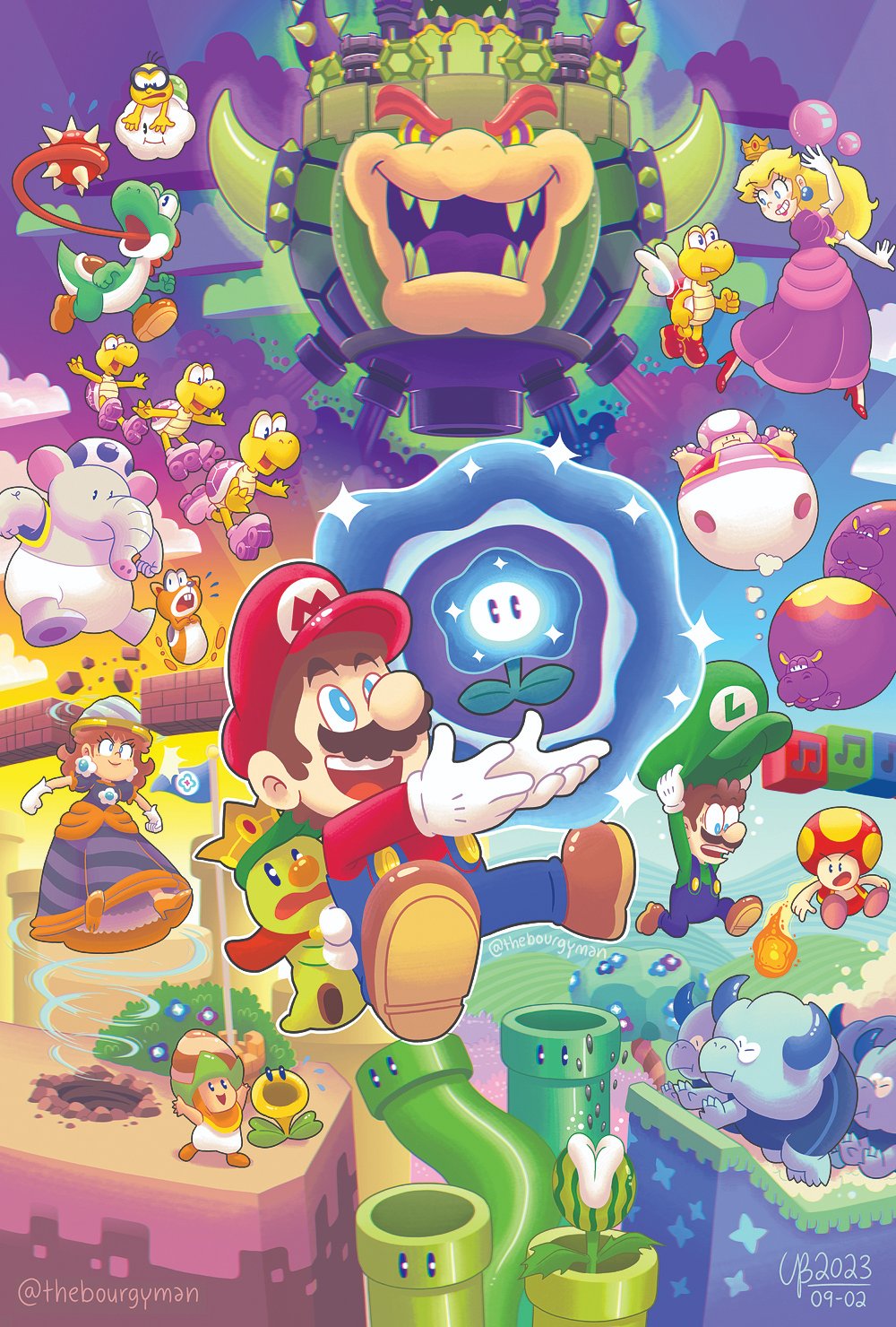 3girls 6+boys :d afterimage angry arm_up arms_up artist_name bare_arms beamed_sixteenth_notes black_dress block_(mario) blonde_hair blue_eyes blue_flower blue_overalls blue_pants blue_sky blue_toad_(mario) bowser brick brown_footwear brown_hair bubble bubble_peach bulrush_(mario) bush castle_bowser clenched_teeth closed_mouth cloud commentary crown dated day dress drill drill_daisy earrings elbow_gloves elephant elephant_blue_toad_(mario) english_commentary eyelashes facial_hair fire_toad_(mario) fireball flagpole flower flower_earrings flying_sweatdrops glasses gloves gradient_sky grass green_shirt grin hands_up hat high_heels highres hill holding holding_clothes holding_hat hoppo_(mario) horns jewelry koopa_paratroopa koopa_troopa lakitu long_hair long_sleeves long_tongue looking_at_another luigi mario mario_(series) medium_hair melon_piranha_plant motion_lines multiple_boys multiple_girls musical_note mustache on_cloud open_clothes open_mouth open_vest orange_footwear overalls pants poplin_(mario) prince_florian princess_daisy princess_peach puffy_short_sleeves puffy_sleeves purple_dress purple_flower purple_sky red_footwear red_headwear red_shirt red_vest rolla_koopa roller_skates running seed sharp_teeth shirt shoes short_hair short_sleeves signature skates skedaddler sky smile smoke sparkle sphere_earrings spikes sunset super_mario_bros._wonder talking_flower_(mario) teeth thebourgyman toad_(mario) toadette tongue tongue_out tree twitter_username unworn_hat unworn_headwear upper_teeth_only v-shaped_eyebrows vest warp_pipe white_gloves white_wings wide-eyed wings wonder_flower yellow_toad_(mario) yoshi