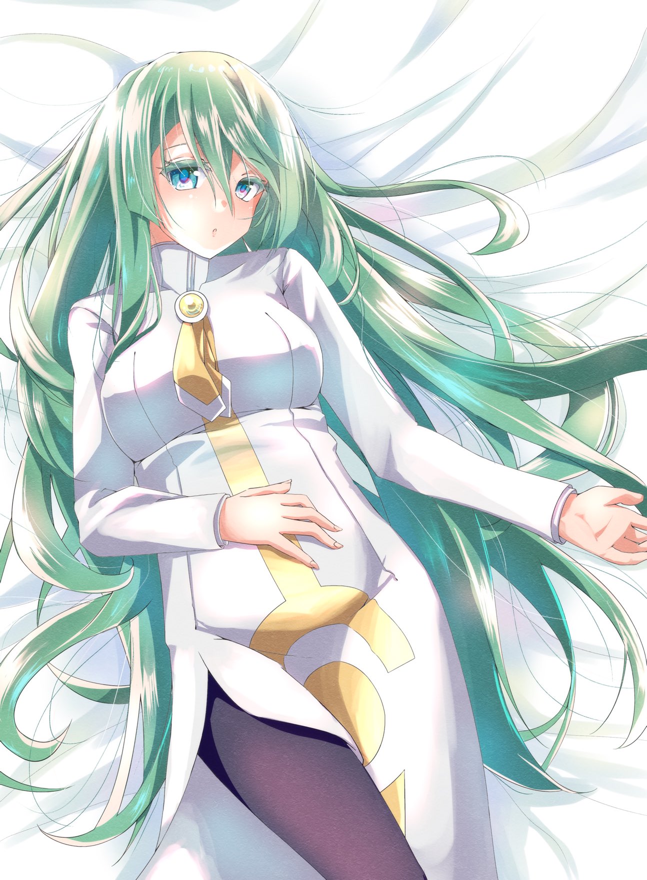 1girl alice_carroll alternate_breast_size aria blue_eyes blush breasts dress feet_out_of_frame fine_fabric_emphasis from_above gold_necktie green_hair hair_between_eyes hand_on_own_stomach highres large_breasts long_hair long_sleeves looking_at_viewer lying nabana_yuna on_back orange_planet_uniform pantyhose purple_pantyhose side_slit solo very_long_hair white_dress