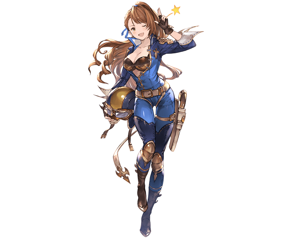 beatrix_(granblue_fantasy) belt bra breasts brown_eyes brown_hair cleavage detached_sleeves fingerless_gloves gloves goggles granblue_fantasy helmet holding long_hair looking_at_viewer non-web_source one_eye_closed open_mouth racing_suit salute smile solo transparent_background underwear weapon
