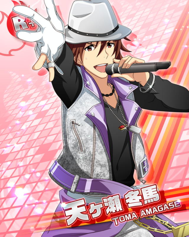 1boy amagase_touma brown_eyes brown_hair card_(medium) character_name fingernails gloves hair_between_eyes hat holding holding_microphone idolmaster idolmaster_side-m idolmaster_side-m_live_on_stage! jacket jewelry long_sleeves male_focus microphone necklace official_alternate_costume official_art open_clothes open_jacket open_mouth partially_fingerless_gloves pink_background single_glove teeth upper_teeth_only white_gloves white_headwear