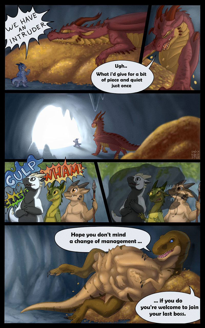 abdominal_bulge bulge cave comic dinosaur dragon female feral gold_(metal) group hi_res kobold male oral_vore outline reptile rothar scalie shock_beast17 speech_bubble swallowing theropod tyrannosaurid tyrannosaurus tyrannosaurus_rex vore