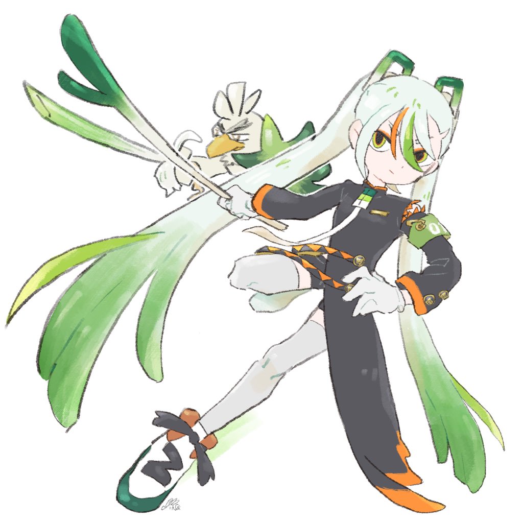 1girl :/ aqua_footwear armband bird black_shorts closed_mouth duck eyeshadow fighting_miku_(project_voltage) food full_body gloves green_armband green_eyes hair_between_eyes hatsune_miku holding holding_food holding_spring_onion holding_vegetable issa_1_3 leg_up light_green_hair long_hair long_sleeves makeup multicolored_eyes multicolored_footwear orange_eyes orange_eyeshadow orange_footwear orange_hair paperclip pokemon pokemon_(creature) project_voltage shoes shorts signature simple_background sirfetch'd solo spring_onion thighhighs twintails vegetable very_long_hair vocaloid white_background white_footwear white_gloves white_hair white_thighhighs zettai_ryouiki