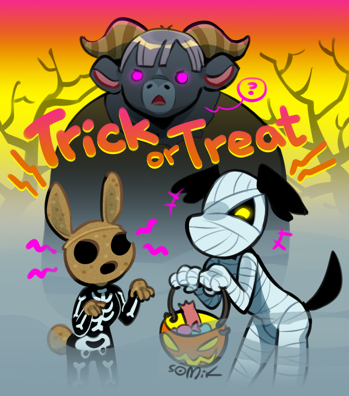 2020 animal_crossing anthro basket biped black_body bovid bovine brown_body candy canid canine canis cattle clothed clothing coco_(animal_crossing) container dessert domestic_dog female fog food front_view glowing glowing_eyes grey_hair group hair halloween halloween_costume holding_basket holding_container holding_object holidays jack-o'-lantern lagomorph larger_male leporid looking_at_viewer lucky_(animal_crossing) male mammal mummy_costume nintendo open_mouth outside pink_body plant purple_eyes question_mark rabbit rodeo_(animal_crossing) scut_tail short_hair short_tail size_difference skeleton_costume smaller_female smaller_male somik standing tail tree trick_or_treat trio yellow_eyes