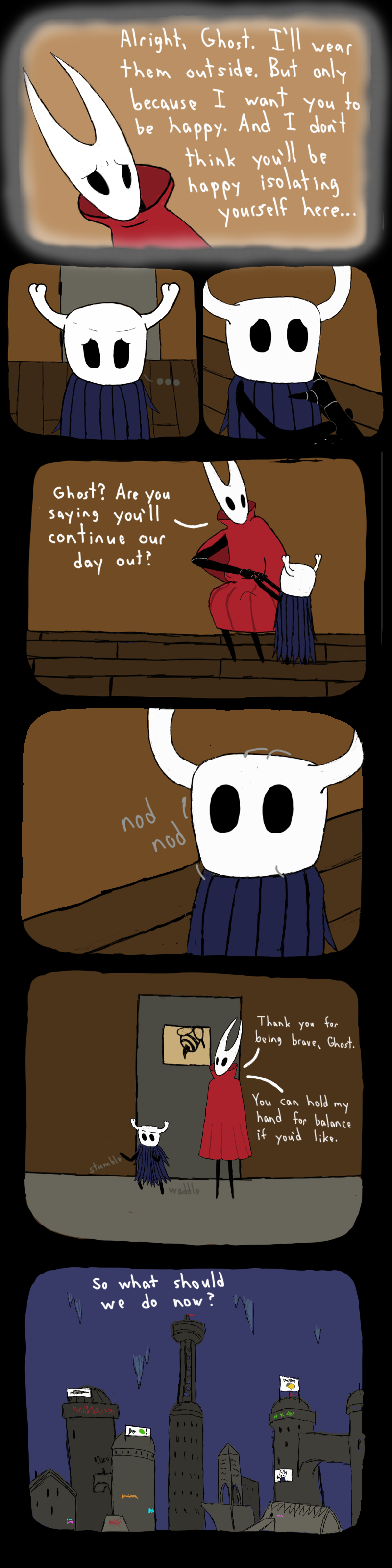 absurd_res ambiguous_gender anthro arthropod bathroom black_body clothed clothing comic dialogue digital_media_(artwork) duo english_text female hi_res hollow_knight hornet_(hollow_knight) insect long_image size_difference soiledvessels tall_image team_cherry text the_knight_(hollow_knight) vessel_(species) waddle