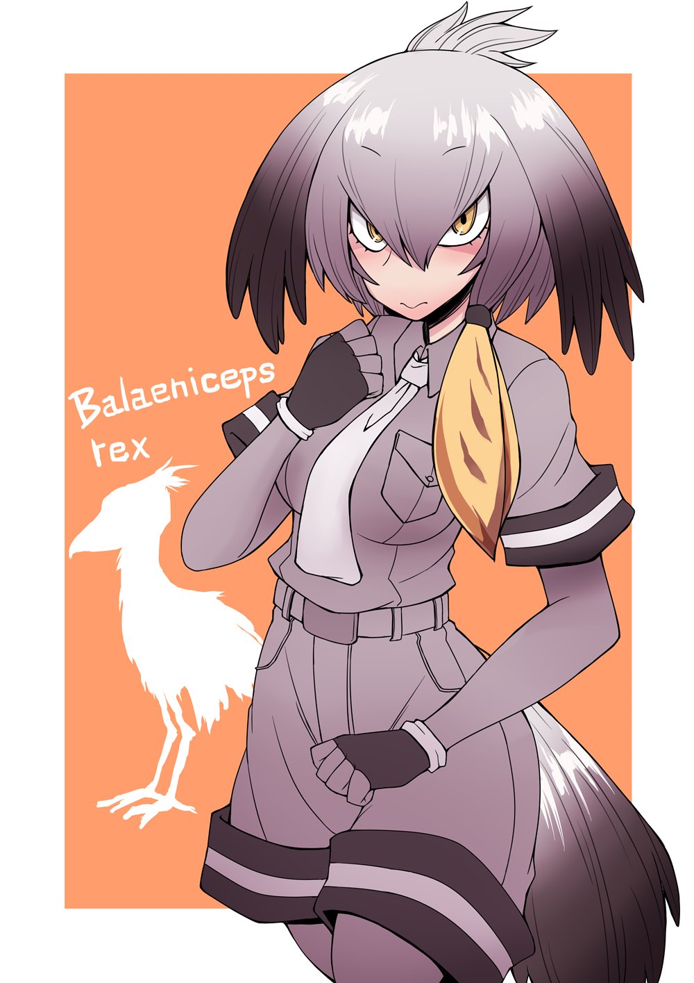 1girl belt bird bird_tail black_gloves black_hair bodystocking breasts closed_mouth collared_shirt commentary_request cowboy_shot fingerless_gloves gloves grey_hair grey_shirt grey_shorts hair_between_eyes highres kemono_friends kuri_dora long_hair looking_at_viewer medium_breasts multicolored_hair necktie orange_background pocket scientific_name shirt shoebill shoebill_(kemono_friends) shorts simple_background solo tail two-tone_background white_background white_necktie yellow_eyes