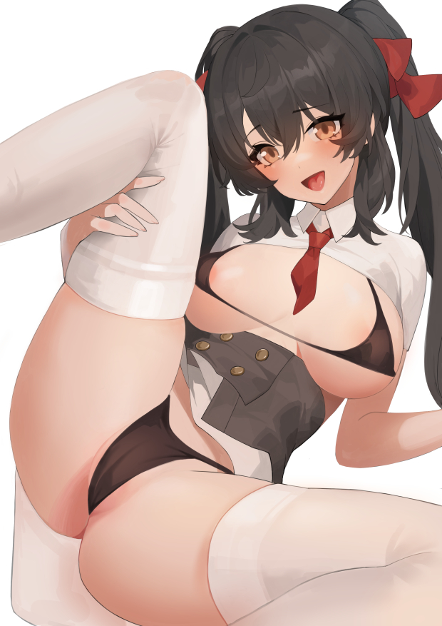 1girl bikini black_bikini black_hair breasts brown_eyes buttons cameltoe double-breasted girls'_frontline hair_between_eyes hair_ribbon henz large_breasts long_hair looking_at_viewer micro_bikini necktie open_mouth red_necktie revealing_clothes ribbon shirt shrug_(clothing) simple_background skindentation solo spread_legs swimsuit thighhighs thighs twintails type_97_(girls'_frontline) very_long_hair white_background white_shirt white_thighhighs