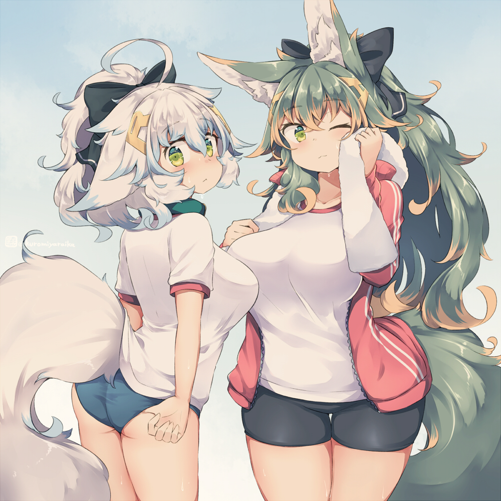 2girls animal_ear_fluff animal_ears bike_shorts blue_background blue_buruma blue_hair breasts buruma gradient_background green_eyes green_hair holding holding_towel kuromiya kuromiya_raika large_breasts long_hair multicolored_hair multiple_girls one_eye_closed original shiromiya_asuka shirt short_hair towel twitter_username two-tone_hair white_hair white_shirt