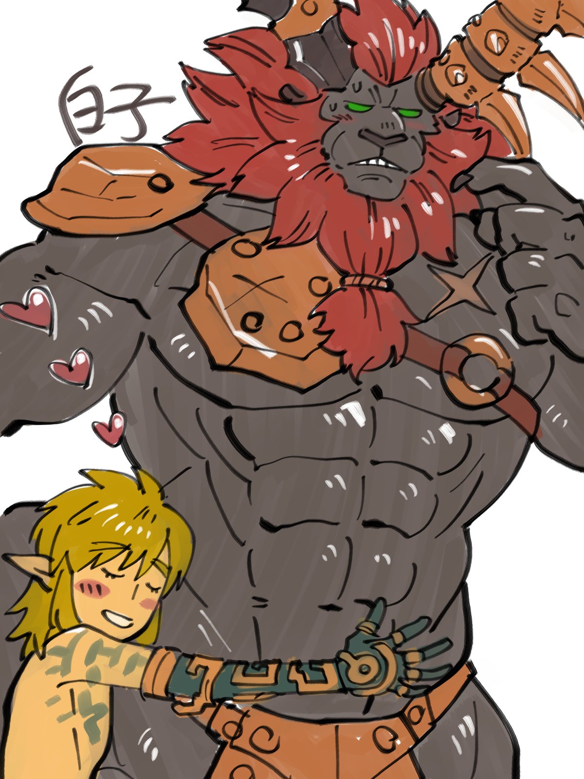 &lt;3 abs anthro blonde_hair blush bodily_fluids bottomwear braided_mane chest_scar clothing duo embrace eyes_closed felid felid_taur green_eyes hair hi_res horn hug human human_on_anthro interspecies larger_anthro larger_male link lion lion_taur loincloth lynel male male/male mammal mammal_taur mane muscular muscular_anthro muscular_male nintendo pantherine pantherine_taur pecs red_mane scar shirako shirtless shoulder_pads signature size_difference smaller_human smaller_male sweat taur the_legend_of_zelda