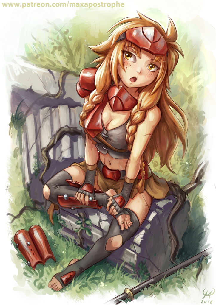 1girl barefoot black_leggings blush braid braided_bangs breasts cleavage column crop_top feet freckles grass holding holding_own_foot leather leggings les_chevaucheurs long_hair marble_(stone) maxa' messy_hair orange_hair patreon_username phenice_walholl pillar plant polearm red_armor removing_armor roots ruins scar soles spear toes undressing vines weapon white_background yellow_eyes