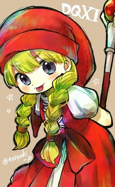 1girl blonde_hair bow braid brown_background doradorakingyo dragon_quest dragon_quest_xi grey_eyes holding holding_behind_back holding_staff long_hair looking_at_viewer puffy_short_sleeves puffy_sleeves red_bow red_headwear red_hood short_sleeves solo staff tongue tongue_out twin_braids twitter_username veronica_(dq11) waist_bow