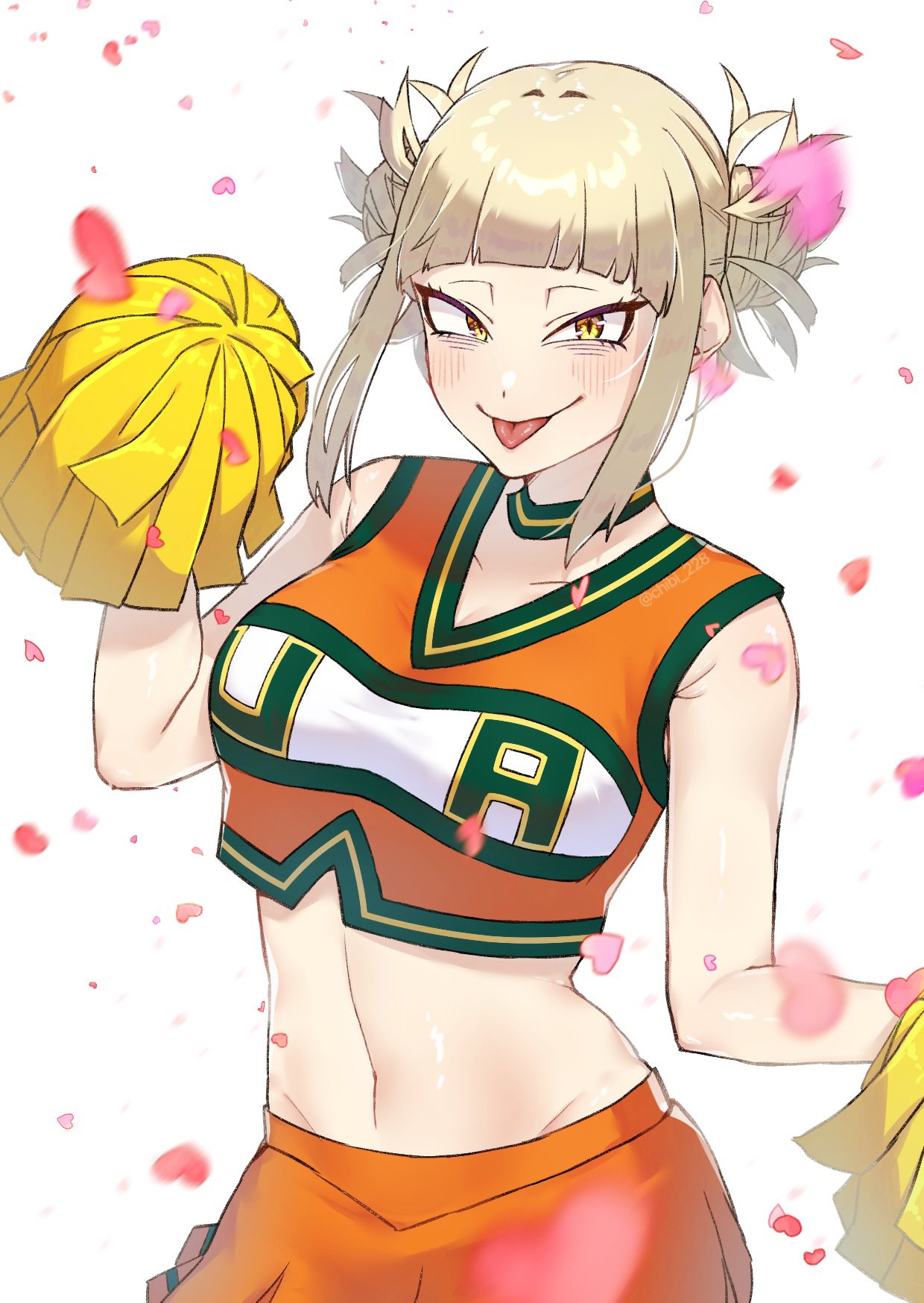 1girl blonde_hair blush boku_no_hero_academia chibi_228 commentary commentary_request confetti crop_top heart highres looking_at_viewer messy_hair midriff navel orange_skirt pom_pom_(cheerleading) shirt simple_background skirt sleeveless solo toga_himiko tongue tongue_out u.a._cheerleader_uniform yellow_eyes