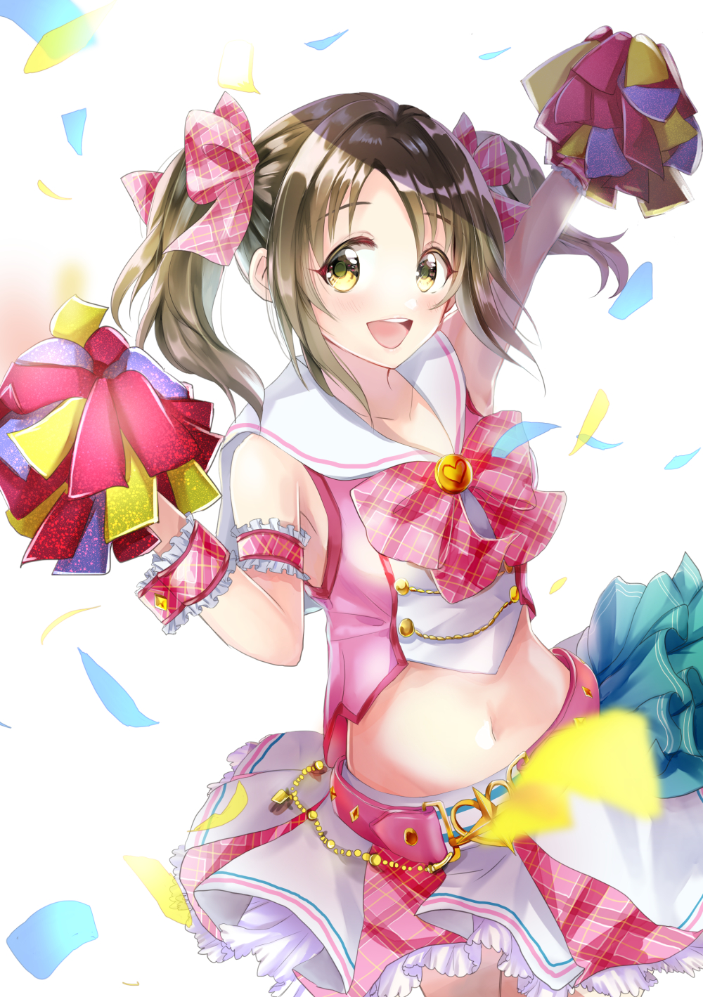 1girl arm_up armband belt blurry blurry_foreground blush bow bowtie breasts brown_eyes brown_hair buckle cheerleader collarbone confetti cowboy_shot crop_top cropped_shirt floating_hair frilled_skirt frills hair_bow hair_ribbon hand_up heart heart-shaped_buckle highres holding holding_pom_poms idolmaster idolmaster_cinderella_girls idolmaster_cinderella_girls_starlight_stage imai_kana long_hair looking_at_viewer matsurika_yuuri medium_breasts midriff miniskirt navel open_mouth pink_belt pink_bow pink_bowtie pink_ribbon pink_shirt pink_skirt plaid plaid_bow plaid_bowtie plaid_ribbon plaid_skirt plaid_wrist_cuffs pom_pom_(cheerleading) red_armband red_wrist_cuffs ribbon sailor_collar shirt simple_background skirt sleeveless sleeveless_shirt smile solo standing teeth twintails upper_teeth_only white_background white_sailor_collar