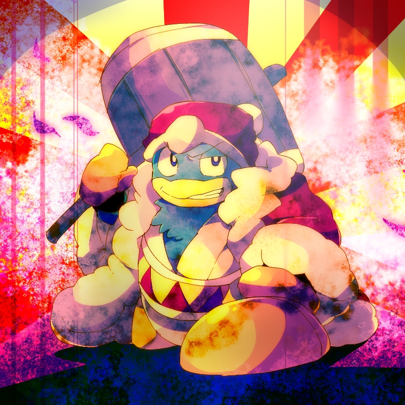 anniversary beanie blue_eyes commentary_request fur-trimmed_robe fur-trimmed_sleeves fur_trim gloves grin half-closed_eye hammer hat holding holding_hammer huge_weapon japanese_clothes kimono king_dedede kirby_(series) long_sleeves looking_at_viewer no_humans open_clothes open_mouth open_robe petals pom_pom_(clothes) pom_pom_beanie red_background red_headwear red_robe robe shirushiki smile solo spotlight teeth triangle_print two-tone_background v-shaped_eyebrows weapon white_background white_kimono yellow_gloves