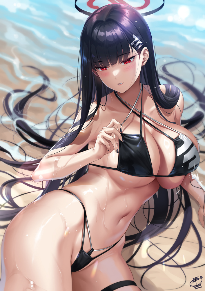 1girl alternate_costume arched_back beach bikini black_bikini black_hair black_nails blue_archive breasts bright_pupils criss-cross_halter hair_ornament hairclip halo halterneck highleg highleg_bikini large_breasts long_hair looking_at_viewer lying navel ocean okitakung on_side outdoors parted_lips red_eyes rio_(blue_archive) signature solo string_bikini swimsuit wet white_pupils