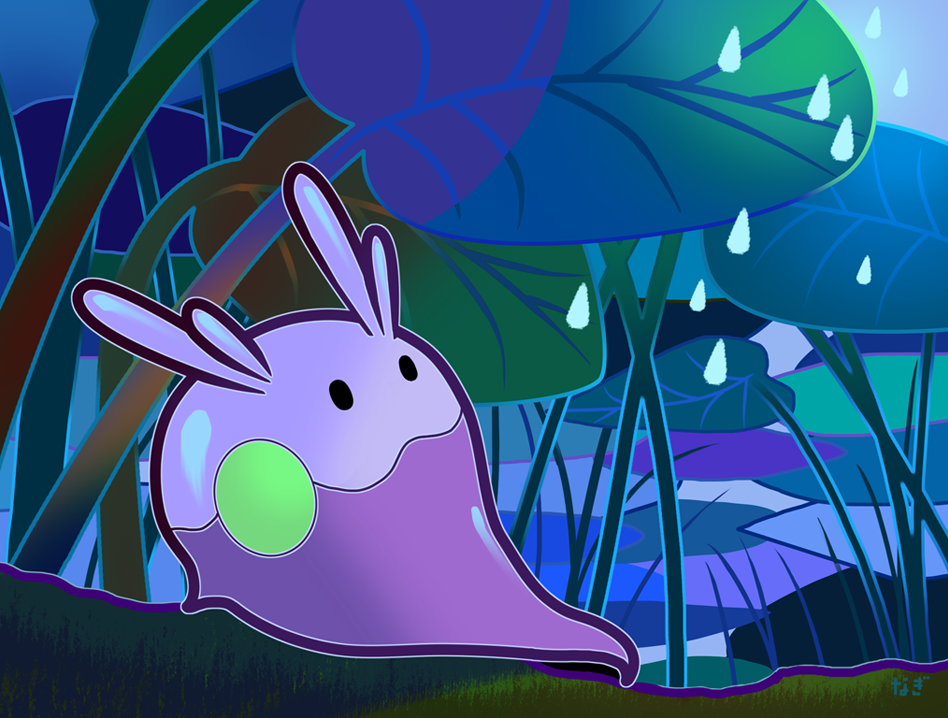 animal_focus black_eyes closed_mouth goomy illustration_room_nagi leaf no_humans plant pokemon pokemon_(creature) rain scenery signature solid_oval_eyes solo water_drop