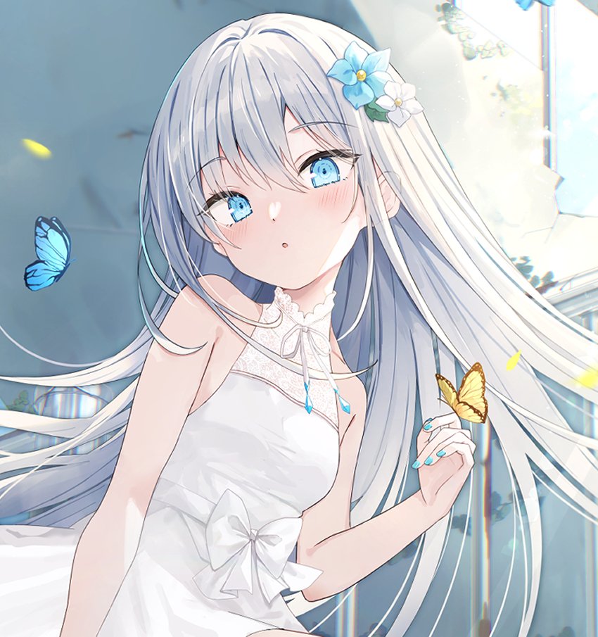 1girl :o animal blue_eyes blue_flower blue_nails blush bow breasts bug butterfly collarbone commentary_request covered_collarbone dress flower grey_hair hair_between_eyes hair_flower hair_ornament long_hair looking_at_viewer nail_polish original parted_lips saeki_sora sleeveless sleeveless_dress small_breasts solo very_long_hair white_bow white_dress white_flower