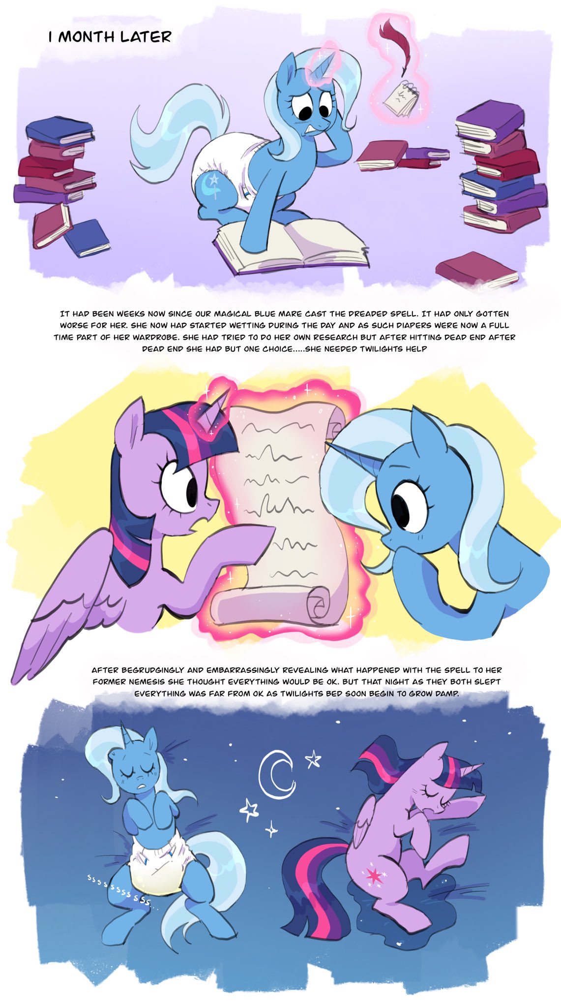 bedwetting bodily_fluids clean_diaper clothed clothing comic diaper diaper_only duo equestria_girls equid equine female feral friendship_is_magic genital_fluids hair hasbro hi_res horn mammal multicolored_hair my_little_pony peeing rarity_(eg) sleeping slusheep text topless trixie_(mlp) unicorn urine watersports wearing_diaper wet_diaper wetting wetting_diaper