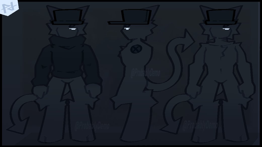 anthro artist_logo black_body black_clothing black_fur black_sweater black_topwear bottomless clothed clothing featureless_crotch fur hat hat_only headgear headgear_only headwear headwear_only hooves karma_(probablydemo) logo male model_sheet mostly_nude probablydemo solo spiked_tail spikes spikes_(anatomy) sweater tail topwear unknown_species watermark white_eyes