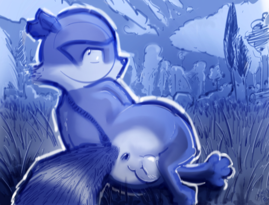 2023 anus balls butt detailed_background digital_media_(artwork) dreamworks feral genitals looking_back male mammal monochrome on_grass over_the_hedge perineum presenting procyonid raccoon ram_satinga rj_(over_the_hedge) signature solo