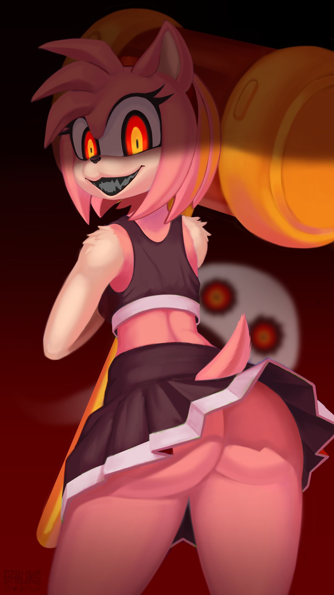 ambiguous_gender amy_rose anthro big_weapon black_teeth bottomless butt clothed clothing creepy_smile crop_top duo eulipotyphlan female fur ghost hair hammer hedgehog hi_res mammal open_mouth orange_eyes phluks pink_body pink_fur pink_hair possession rear_view sega sharp_teeth shirt short_tail smile solo_focus sonic_the_hedgehog_(series) sonic_x spirit standing tail teeth tools topwear upskirt