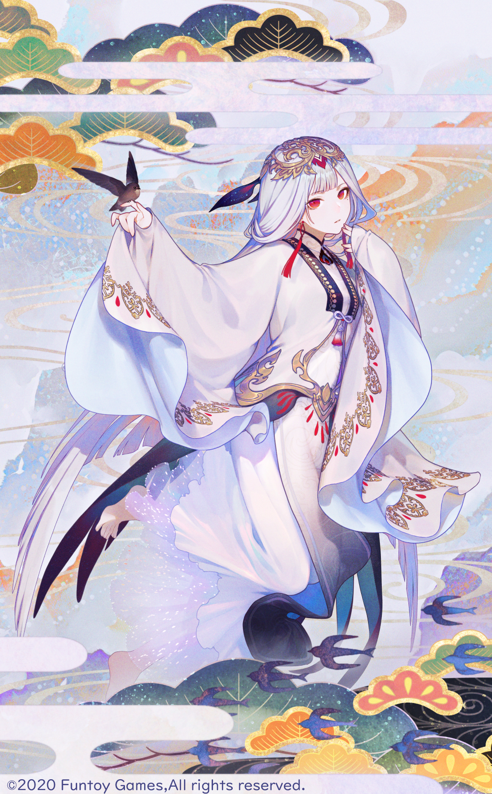 1girl animal bird bird's_nest_soup_(food_fantasy) bird_on_hand cloud earrings egasumi food_fantasy highres japanese_clothes jewelry long_hair looking_at_viewer mamusya official_art red_eyes solo white_hair white_headwear