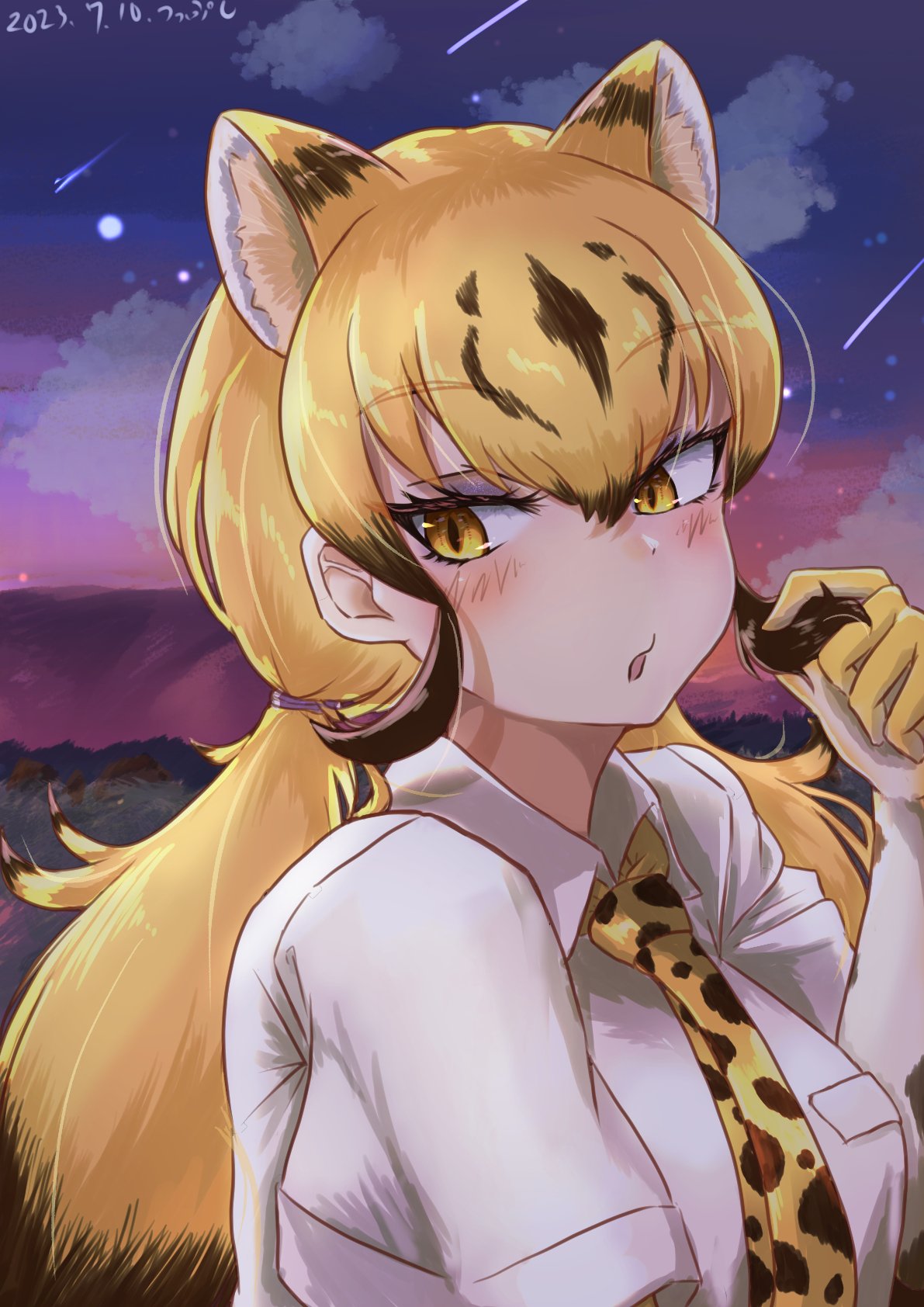 1girl animal_ear_fluff animal_ears animal_print blonde_hair blush breast_pocket breasts brown_hair cheetah_(kemono_friends) cheetah_ears cheetah_print collared_shirt colored_inner_hair commentary_request dated elbow_gloves extra_ears eyelashes eyeshadow fidgeting gloves gradient_sky hair_between_eyes hand_up highres holding holding_hair kemono_friends large_breasts long_hair looking_at_viewer low_twintails makeup multicolored_hair necktie night outdoors parted_bangs parted_lips playing_with_hair playing_with_own_hair pocket print_gloves print_necktie purple_eyeshadow shirt short_sleeves sky solo taut_clothes taut_shirt tsuppushi tsurime twintails two-tone_hair upper_body very_long_hair white_shirt wing_collar yellow_eyes