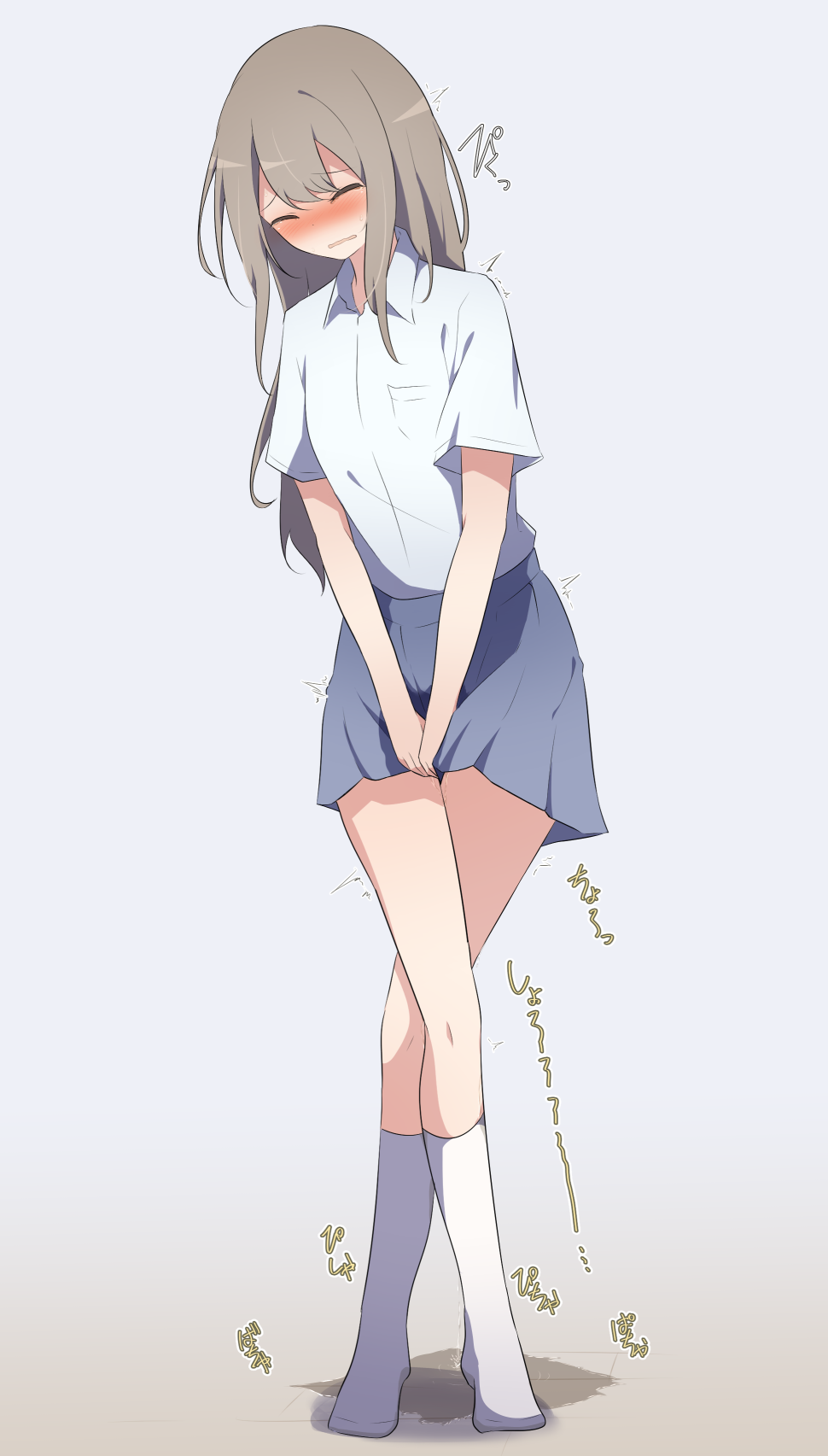 1girl ^_^ between_legs blue_background blue_shirt blue_skirt blush breast_pocket brown_hair closed_eyes collared_shirt commentary_request crossed_legs embarrassed flat_chest full_body hand_between_legs have_to_pee highres legs long_hair miniskirt nose_blush open_mouth original own_hands_together partial_commentary pee peeing peeing_self pleated_skirt pocket puddle raised_eyebrows shirt short_sleeves sidelocks simple_background skirt socks solo standing sweat tears thighs translation_request trembling v_arms watakarashi watson_cross wet wet_clothes wet_skirt wet_socks white_socks