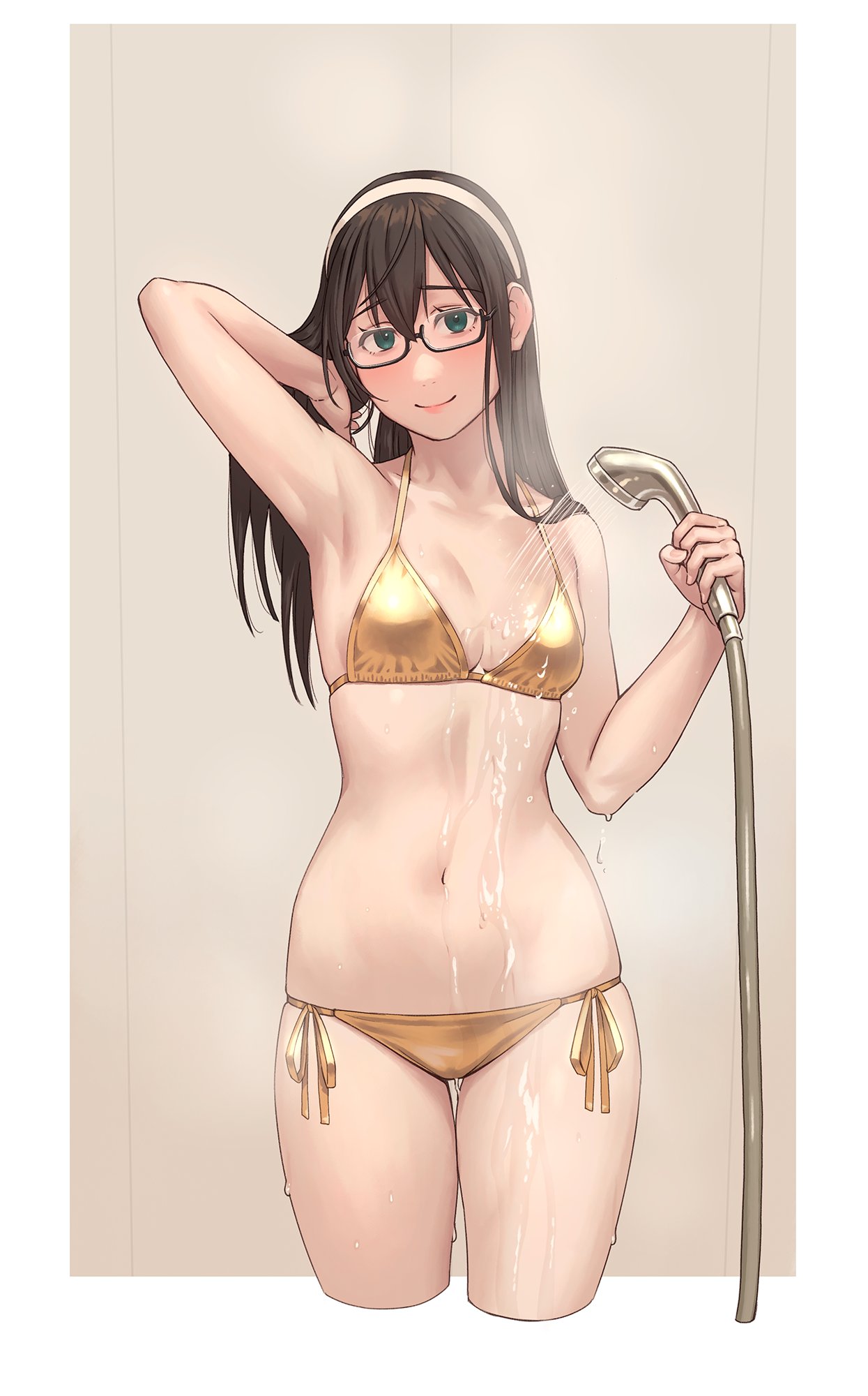 1girl bikini black_hair breasts collarbone cropped_legs gold_bikini green_eyes hairband highres holding kantai_collection looking_at_viewer navel ooyodo_(kancolle) semi-rimless_eyewear shower_head small_breasts solo swimsuit thigh_gap under-rim_eyewear water wet_bikini white_hairband yuuji_(and)