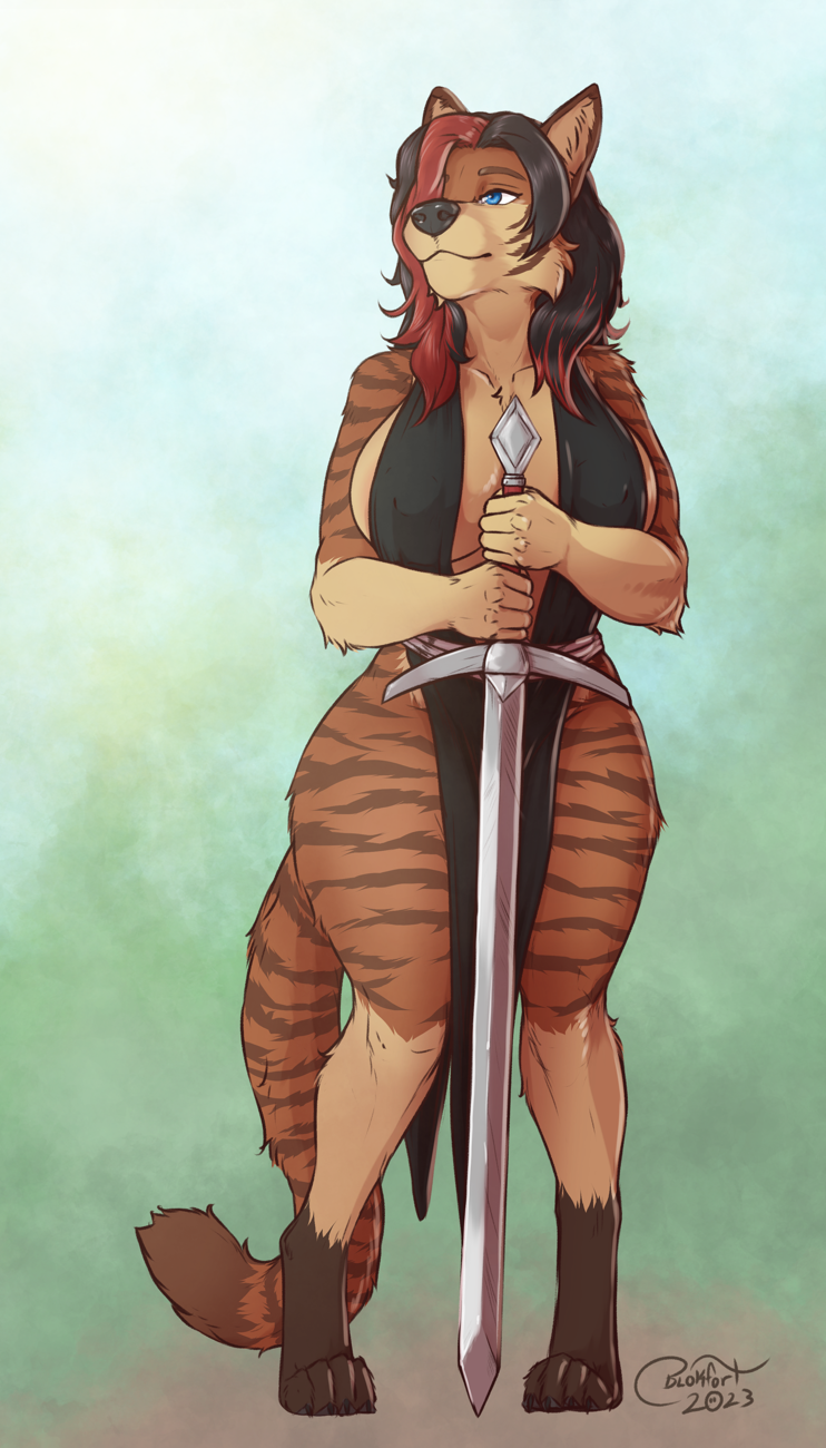 2023 anthro big_breasts black_hair blokfort blue_eyes breasts canid canine canis clothed clothing coyote felid female hair hi_res highlights_(coloring) hybrid longsword mammal melee_weapon pantherine simple_background skimpy solo standing stripes sword tiger weapon